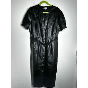 La Redoute Women’s Faux Leather Shirt Dress Black Snaps Belt Pockets Sz 16/46 FR